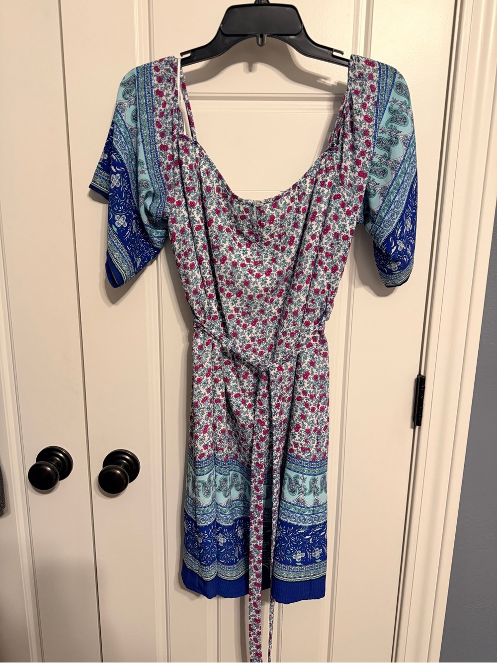 Skies Are Blue Pink and Blue Off-Shoulder Floral Mini Dress